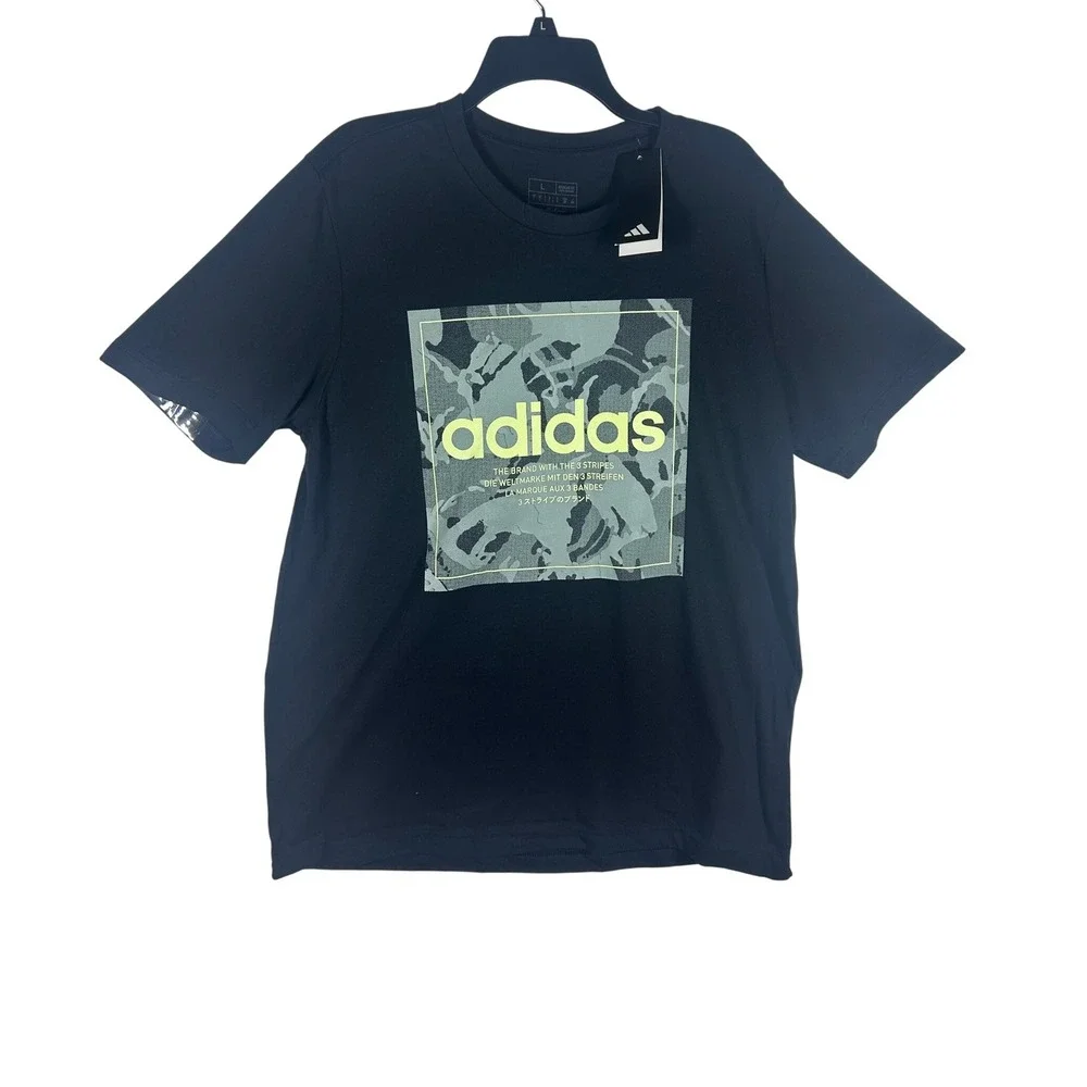 Adidas Mens Large Camo Logo Graphic Black T Shirt‎ Athleisure Training Gym NEW